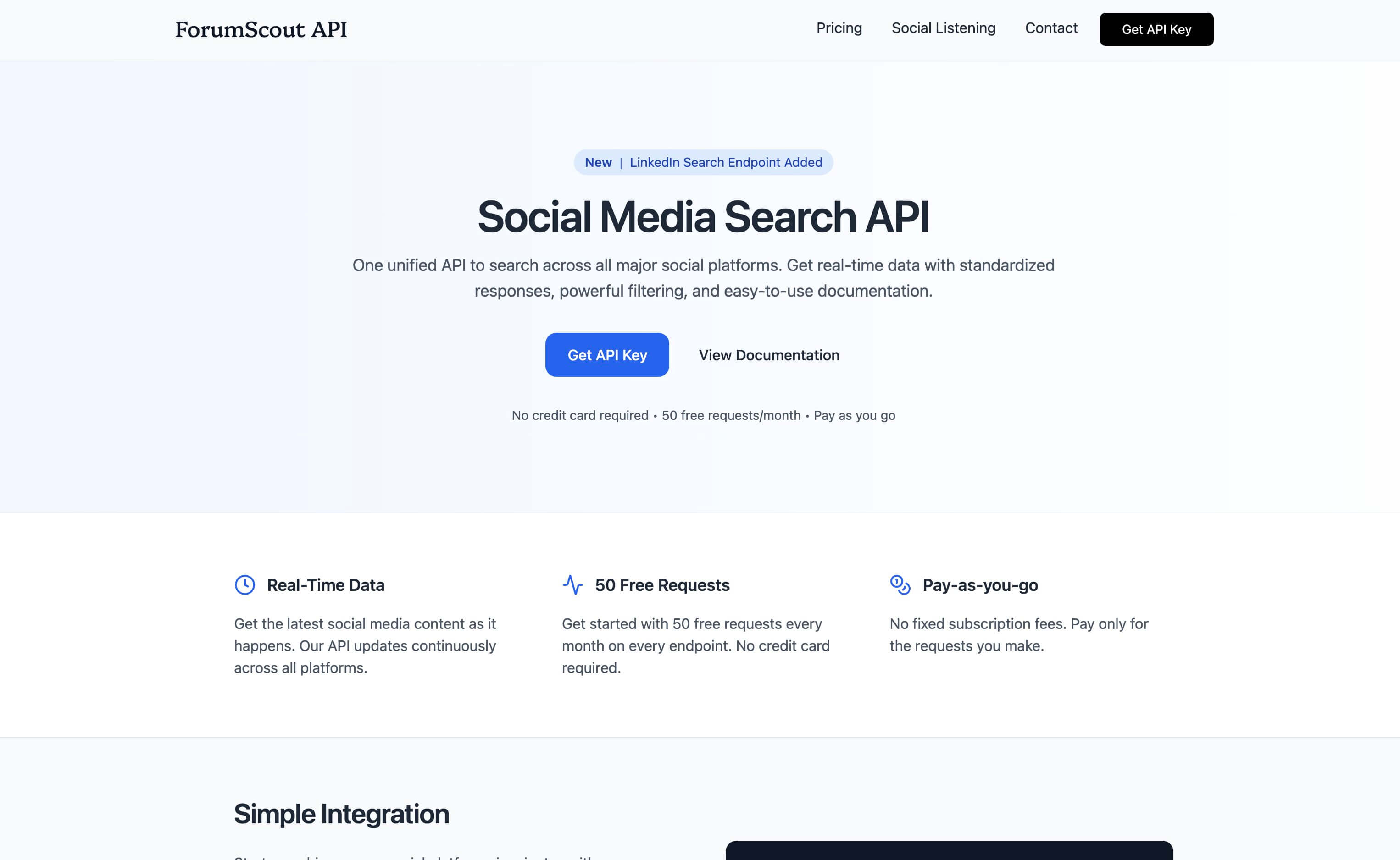 ForumScout's API landing page showing code snippets and platform logos.